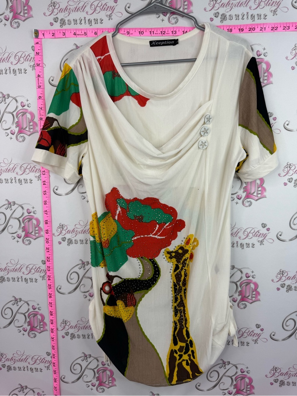 T-shirt rhinestone Ivory Floral & Giraffe Print Draped Women's Top